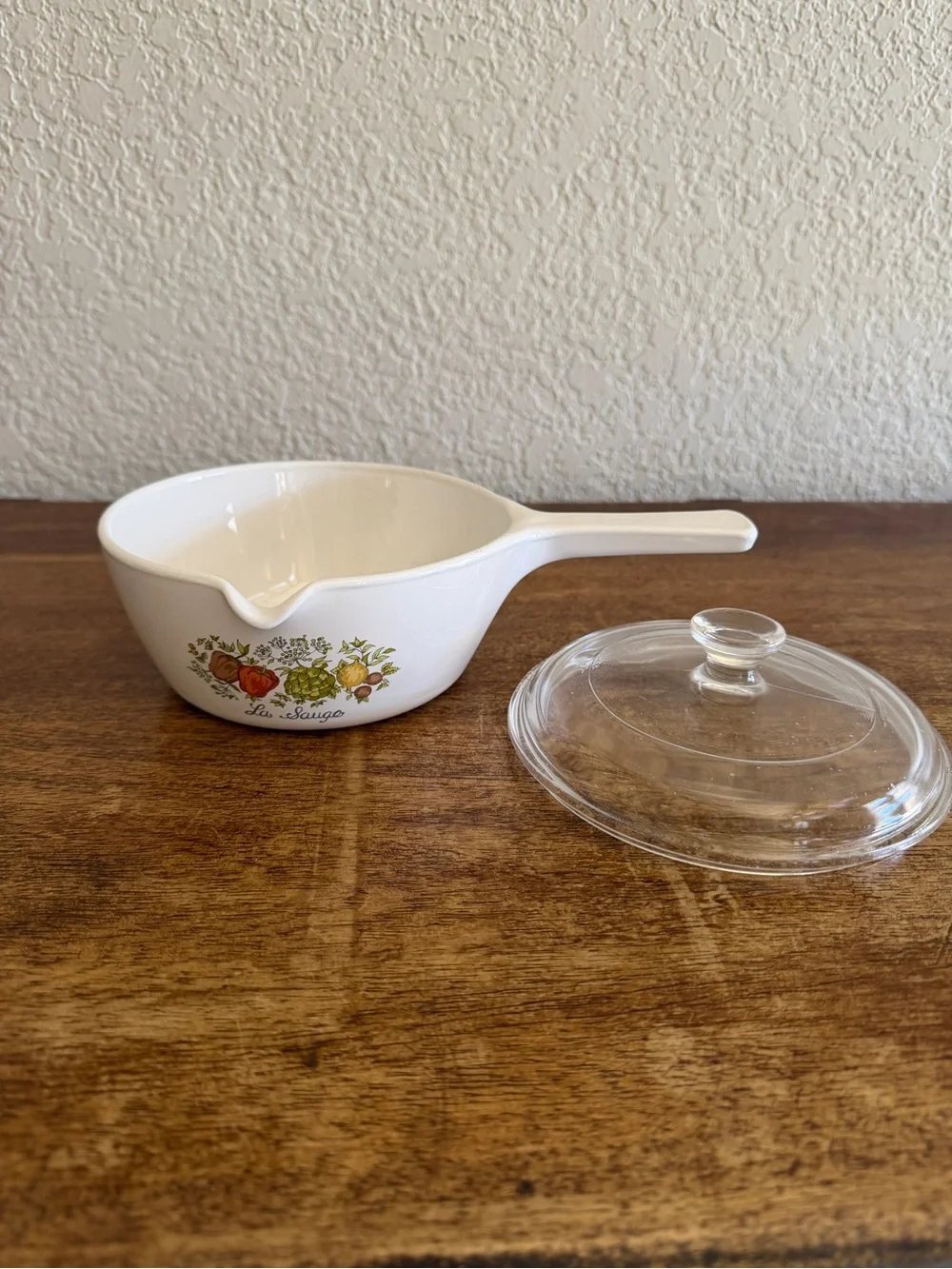 White Ceramic Saucepan with Clear Glass Lid and Harvest Vegetable Decal